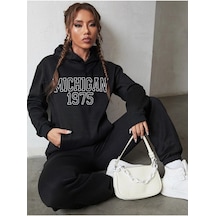 Michigan 1975 Eşofman Takımı Sweatshirt Jogger - Siyah Baskılı Oversize Şardonlu Kapüşonlu Siyah