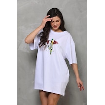 Assema Unisex Bisiklet Yaka Baskılı Oversize T-shirt - Beyaz Çok Renkli