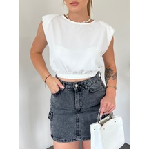 Omuzları Vatkalı Beli Lastikli Bluz -beyaz Karışık