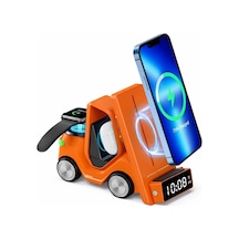 T20 15w 5 İ 1 Arada Magsafe Kablosuz Şarj İstasyonu, Dijital Saatli Forklift Tasarım, İphone 16/15/14/13/12, Apple Watch, Airpods Uyumlu Masaüstü Hızlı Şarj Standı Turuncu