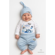 Babyden's Little Prince 3 Lü Erkek Bebek Takımı Uzun Kollu %100 Pamuk Body, Pantolon Ve Şapka Seti Mavi Açık Mavi
