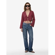 Koton Geniş Uzun Kollu Önden Bağlama Detaylı Crop Bluz Bordo 6sak60540uw