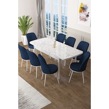 Canisa Concept Zen Serisi 80x132 Mdf Açılabilir Beyaz Mermer Desen Masa Takımı Ve 8 Lacivert Sandalye Masa Beyaz/sandalyeler Lacivert