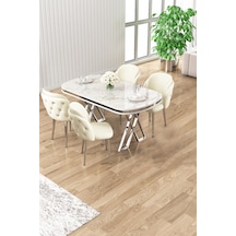 Canisa Zae Serisi 90x168 Lak Panel Beyaz Mermer Desen Krom Ayak Masa Takımı 4 Krem Sandalye Beyaz Mermer Desen Masa,krem Sandalye