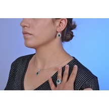 Zümrüt Taşlı Oksitli Telkari Kadın Gümüş Üçlü Set