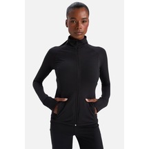 Soft&Basic Siyah Fermuarlı Dik Yaka Basic Vücuda Oturan Cepli Parmak Detaylı Hırka