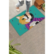 Valerine Life Kahve Düşkünü Relaks Kedi Yeşil Welcome Hoş Geldiniz Kapı Önü Paspası 45x70cm Kahverengi