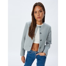 Koton Crop Ceket Yakasız Düğmeli Slim Fit Uzun Kollu Mavi 5wak20261ew Mavi