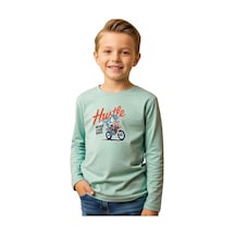 Panios Kids Düz Yuvarlak Yaka Hustle Dino Baskı Detaylı Erkek Çocuk Sweatshirt Mint Yeşil