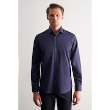 İmza Lacivert Yarım İtalyan Yaka Saten Uzun Kol Slim Fit %100 Pamuk Gömlek 1004255188 Lacivert