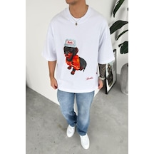 Beyaz Cap Dog Baskılı Premium Oversize Tişört