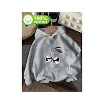 Herkesemoda Kiraz Baskı Detaylı İçi Polarlı Kapüşonlu Sweatshirt Gri