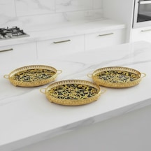 3 Adet Gold Renk Vav Desen Metal Çerçeveli Cam Nişan-servis Tepsi Seti 28 19 Cm Rosegold