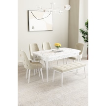 Mabel Beyaz Mermer Desen 80x132 Açılabilir Yemek Odası Takımı 4 Sandalye, 1 Bench Krem