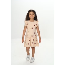 Toontoy Kids Toontoy Kız Çocuk Fiyonklu Kalp Baskılı Elbise Bej