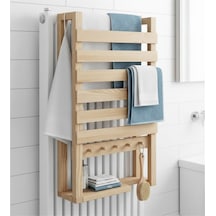 Doğal Ahşap Radyatör Üstü Havluluk Ve Banyo Rafı - 30x50 Cm Modern Askılıklı Dekoratif Organizer Bej