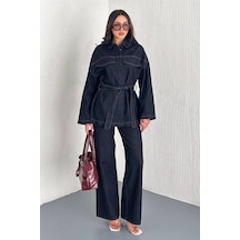Kadın Kuşaklı Denim Pantolon & Ceket Takımı Modern & Güçlü Siluet Lacivert