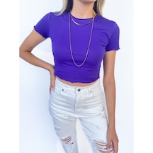 Kadın Büzgü Detaylı Crop Mor Tshirt