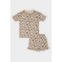 DeFacto Kız Bebek 2'li Takım Leopar Desenli Kısa Kollu Tişört Beli Lastikli Şort E0689A525SMBG744 Bej