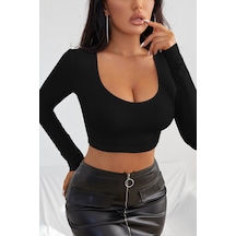 Angbutik Kadın Siyah Uzun Kol Kare Yaka Crop Top Bluz
