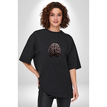 Kuru Kahve Çekirdeği Beyin Pamuklu Bisiklet Yaka Unisex Oversize Boyfriend Dijital Baskılı Siyah T-shirt Siyah