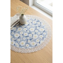Dekoratif Yuvarlak Runner Papatya Desenli Fransız Güpürlü Masa Ve Konsol Örtüsü 60 Cm Çap Mavi