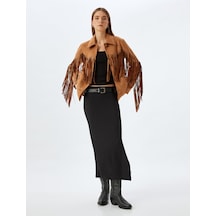 Koton Midi Boy Kalem Etek Yandan Yırtmaçlı Dokulu Slim Fit Standart Bel Siyah 5wak10385ek