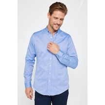 Tudors Erkek Slim Fit Dar Kesim Uzun Kollu Pamuklu Oxford Doku Kolay Ütülenebilir Mavi Düğmeli Yaka Gömlek-31027-mavi Mavi