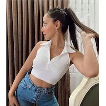 Modazeyosh Polo Yaka Sırtı Açık Bluz Beyaz