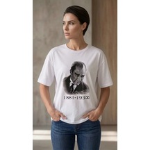 Yake Store Atatürk Baskılı Tişört Kısa Kollu Bisiklet Yaka T-shirt - Beyaz - Beyaz