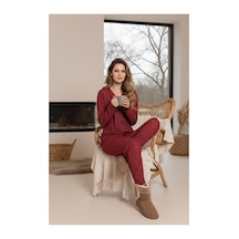 Rindahomewear Kadın Bordo Puantiye Desenli Yumuşak Dokulu Süet Düğmeli Pijama Takımı Bordo