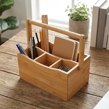 4 Bölmeli Bambu Kaşıklık Ve Organizer - Tezgah Üstü Çatal Bıçak Düzenleyici Taşıma Kulplu Servis Standı 23 X 16 X 12 Cm Abanoz