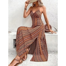 Efnaz Style Kadın Ip Askılı Sırttan Çapraz Detaylı Yırtmaçlı Desenli Süprem Elbise Kahve