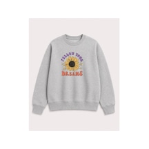 Herkesemoda Ayçiçek Baskılı 2 İplik Şardonlu Bisiklet Yaka Sweatshirt Gri