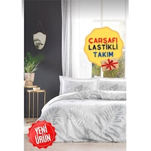 Çift Kişilik Çarşafı Lastikli Nevresim Takımı Frunze Gri Renkli