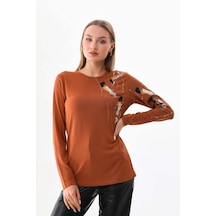 Sistas Kadın Desenli Bisiklet Yaka Uzun Kol Bluz 23598 Camel