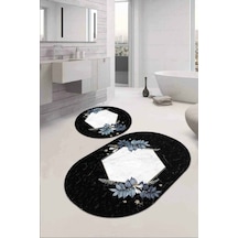 Siyah Çiçekli Banyo Halısı Klozet Oval Paspas Seti Bs090n11