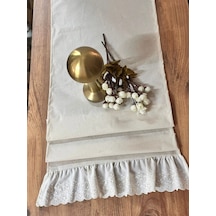 Vintage % 100 Pamuklu Ham Keten Ucu Fırfırlı Runner&dekoratif Örtü 40x140 Cm Natürel - Bej