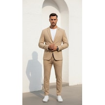 Erkek Gofre Desenli Takım Elbise Bağcıklı Pantolon Duble Paça Tek Düğme Modern Slim Fit Bej Erkek Gofre Desenli Takım Elbise Bağcıklı Pantolon Duble Paça Tek Düğme Modern Slim Fit Bej