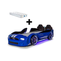 Mavi Arabalı Yatak Kapıları Açılan Mustang Full Ledli Kumandalı Ve Müzikli + Ortopedik Yatak