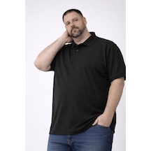 Erkek Pike Kumaş Düğmeli Yaka Battal Büyük Beden Günlük Kısa Kol Tişört T-shirt - Siyah Siyah