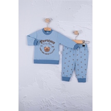 Babydonat Persona Bear Nakışlı Pamuk 2'li Erkek Bebek Takım Mavi