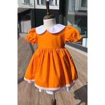 Dantel Detaylı Bebe Yaka Kız Çocuk Bebek Turuncu Pamuklu Elbise 001