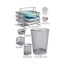 Gümüş Gri Metal Evrak Rafı 3 Lü Masaüstü Kalemlik 3 Lü Ve Fileli Çöp Kovası 1 Paket Masaüstü A4 Dosya Düzenleyici Not Gümüş Gri