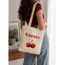 Lunora Collection Cherry Kiraz Baskılı Körüklü Kanvas Bez Çanta Ham Renk