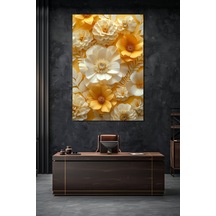Çiçek Baskılı Cam Tablo 3d Görünümlü Sarı Beyaz Floral Dekoratif Duvar Tablosu