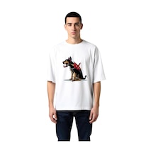 Paybuy Erkek Oversize Tişört Kafatası Maskeli Döberman Köpek Baskısı Rah Beyaz