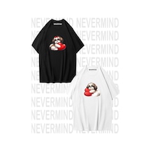 Nevermind Sevgili Kombini Sevimli Köpek Ve Kalp Baskılı Oversize Unisex Çif Siyah