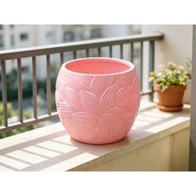 3d Baskı Yapraklı Desenli Yuvarlak Saksı Tepsili Süzdürmeli Bitki Saksısı 15 Cm Dekoratif Çiçek - Pembe Diğer