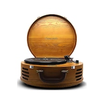 Lion Retro Çanta Tipi Yuvarlak Pikap Dahili Hoparlörlü, Bluetooth Bağlantılı Taşınabilir Plak Çalar Vintage Ahşap Gövde, 33/45 Rpm, Deri Saplı Nostaljik Pikap